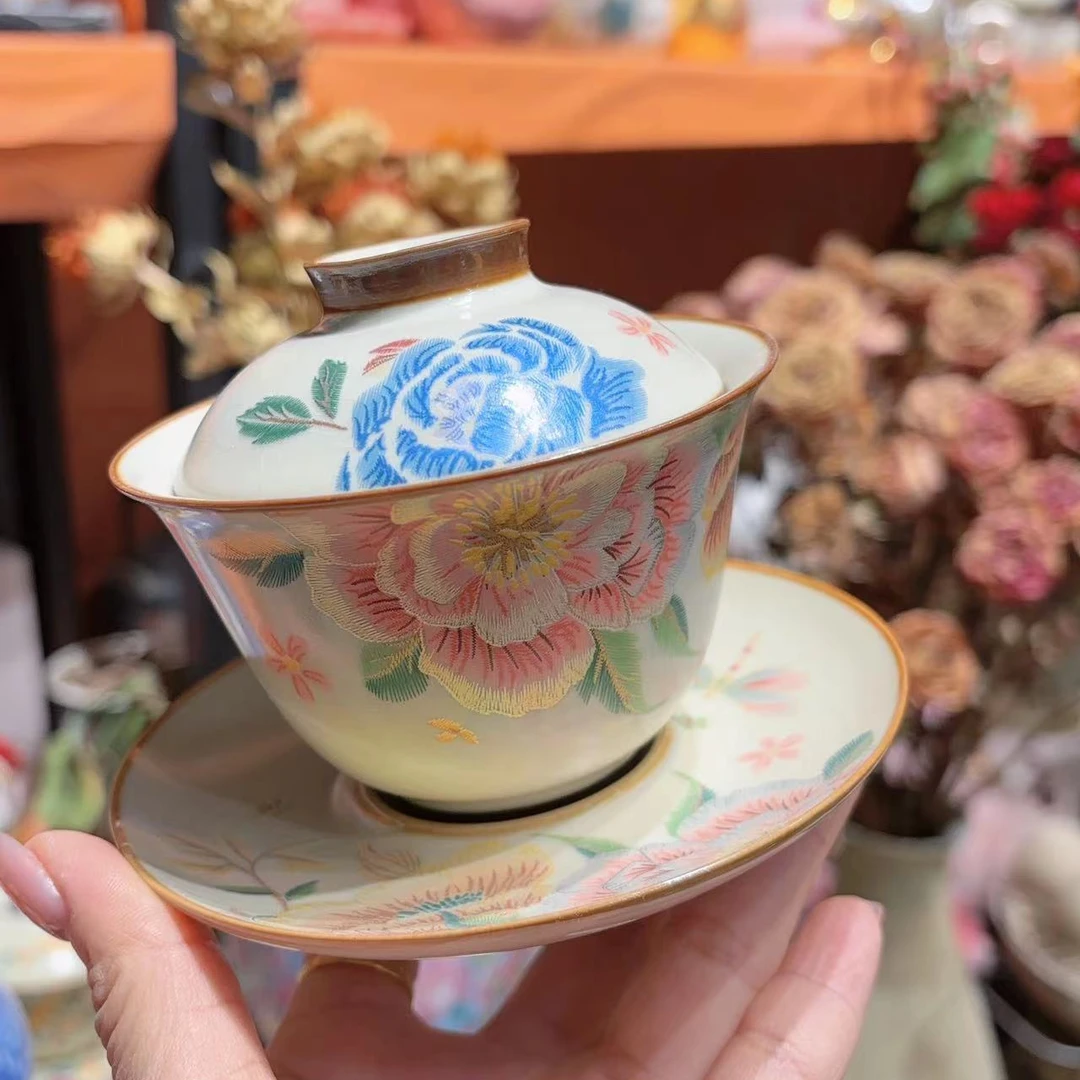 友名 复古米黄汝窑刺绣盖碗-2887