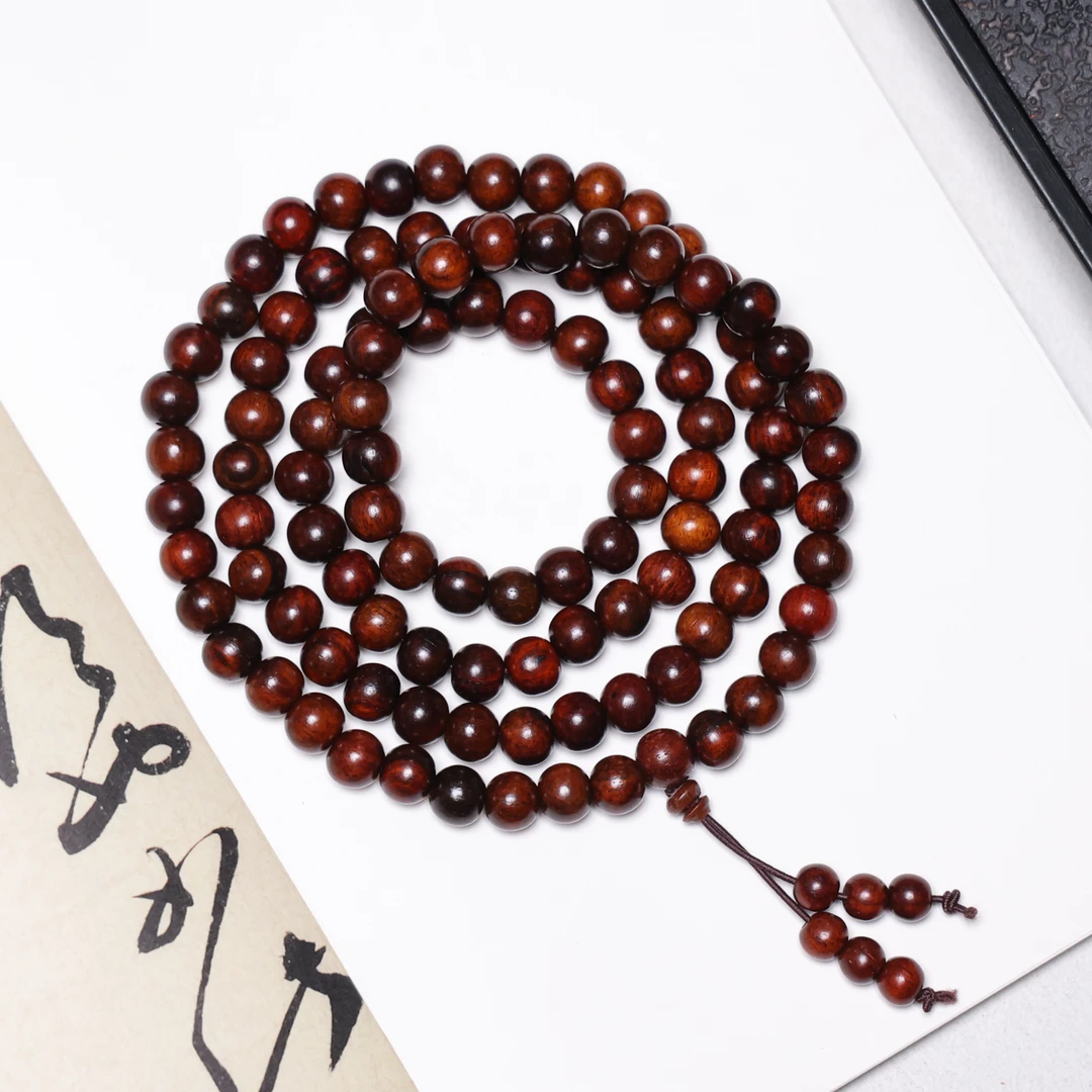 老挝大红酸枝红木6mm108颗文玩多圈手串