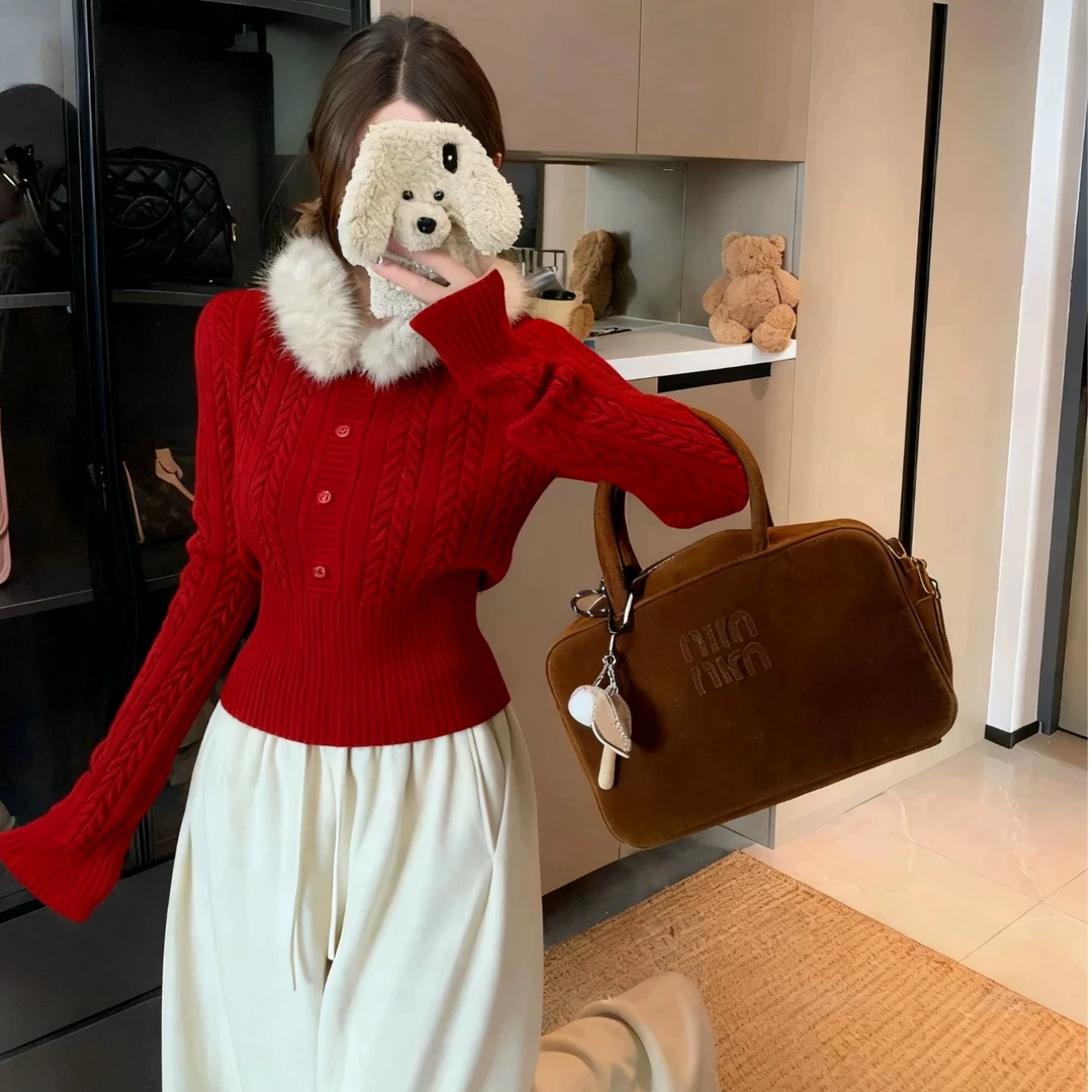 圣诞新年红色氛围感毛衣韩系小香风时尚气质网红毛毛领麻花针织衫
