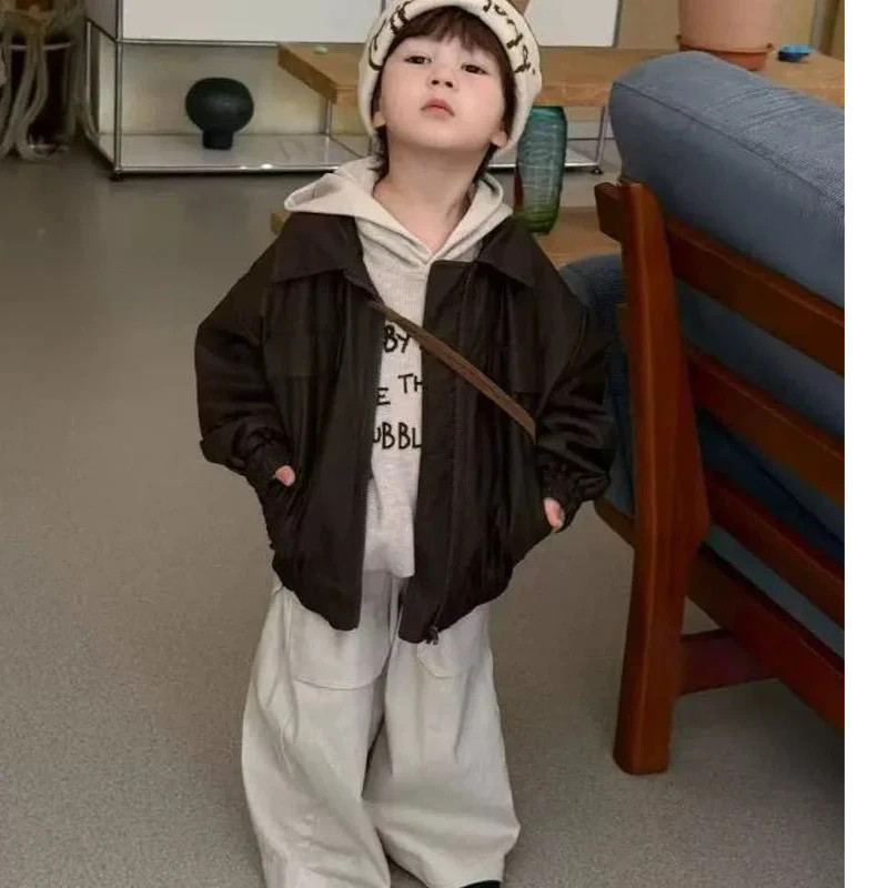 儿童春秋外套2025新款韩系男童痞帅棕色洋气皮衣潮流翻领上衣夹克