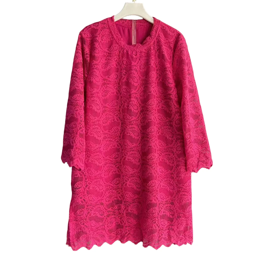 长袖圆领蕾丝中长款休闲风蕾丝衫宽松红色气质上衣时尚中国风镂空