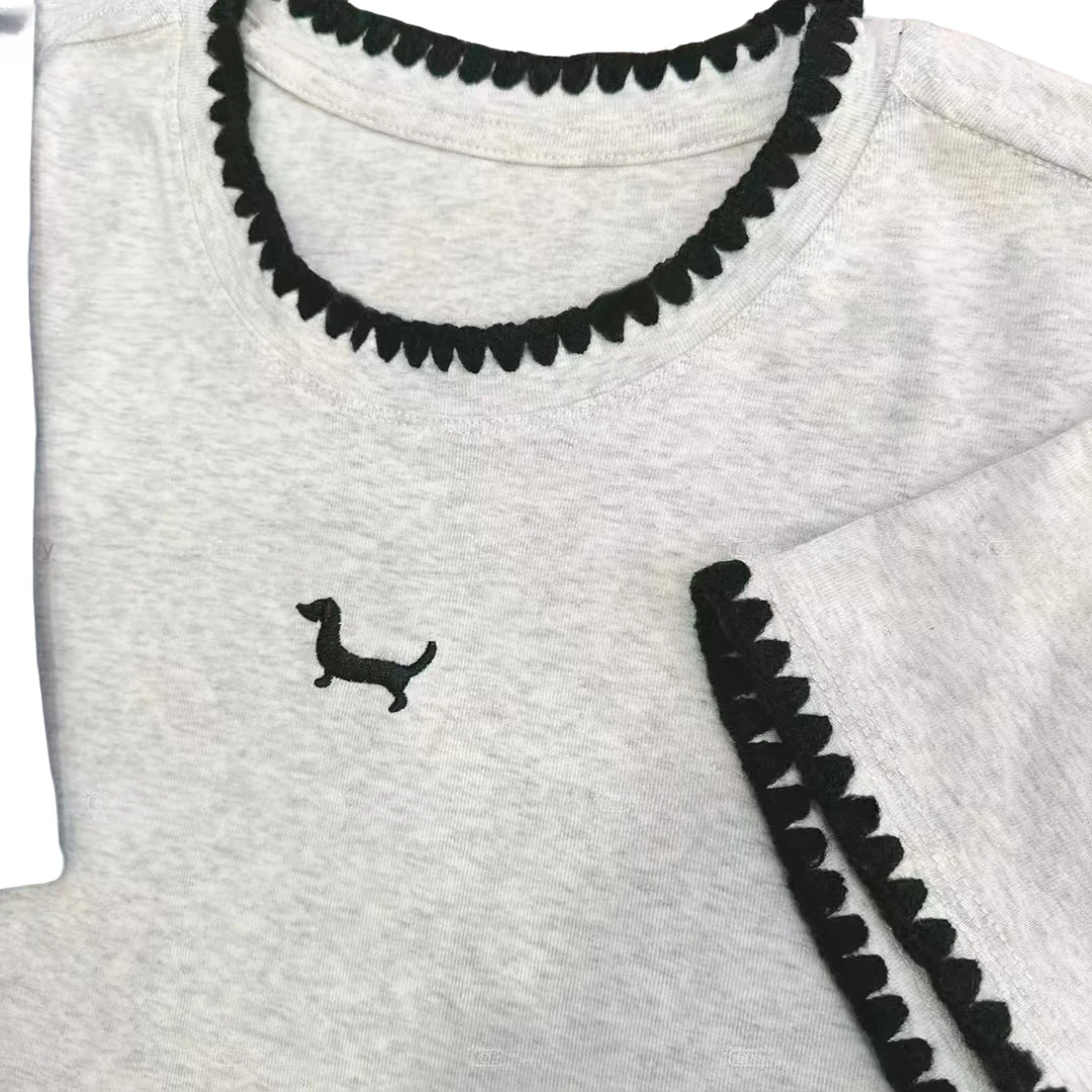 【钩花刺绣小狗】2025春夏季新款圆领短袖编织明线设计款T恤上衣潮