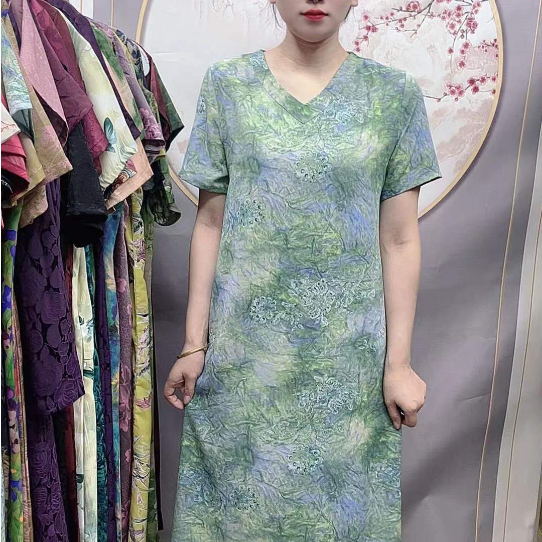 【浅蓝花】2025夏季妈妈装高端连衣裙气质中年女装优雅过膝长裙