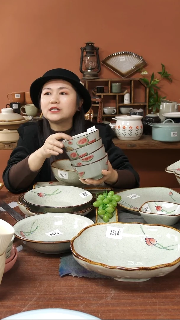 陶瓷A740 四只手绘西瓜高足饭碗瑕疵