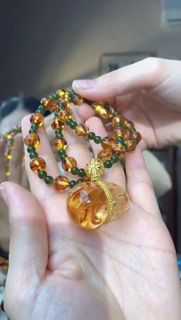 裸石琥珀未镶嵌花珀葫芦项链设计款