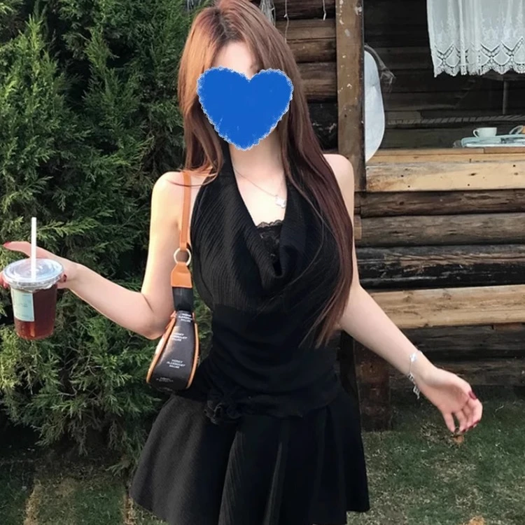 【暗夜精灵】黑色辣妹性感假两件蕾丝连衣裙女夏季纯欲挂脖设计短裙
