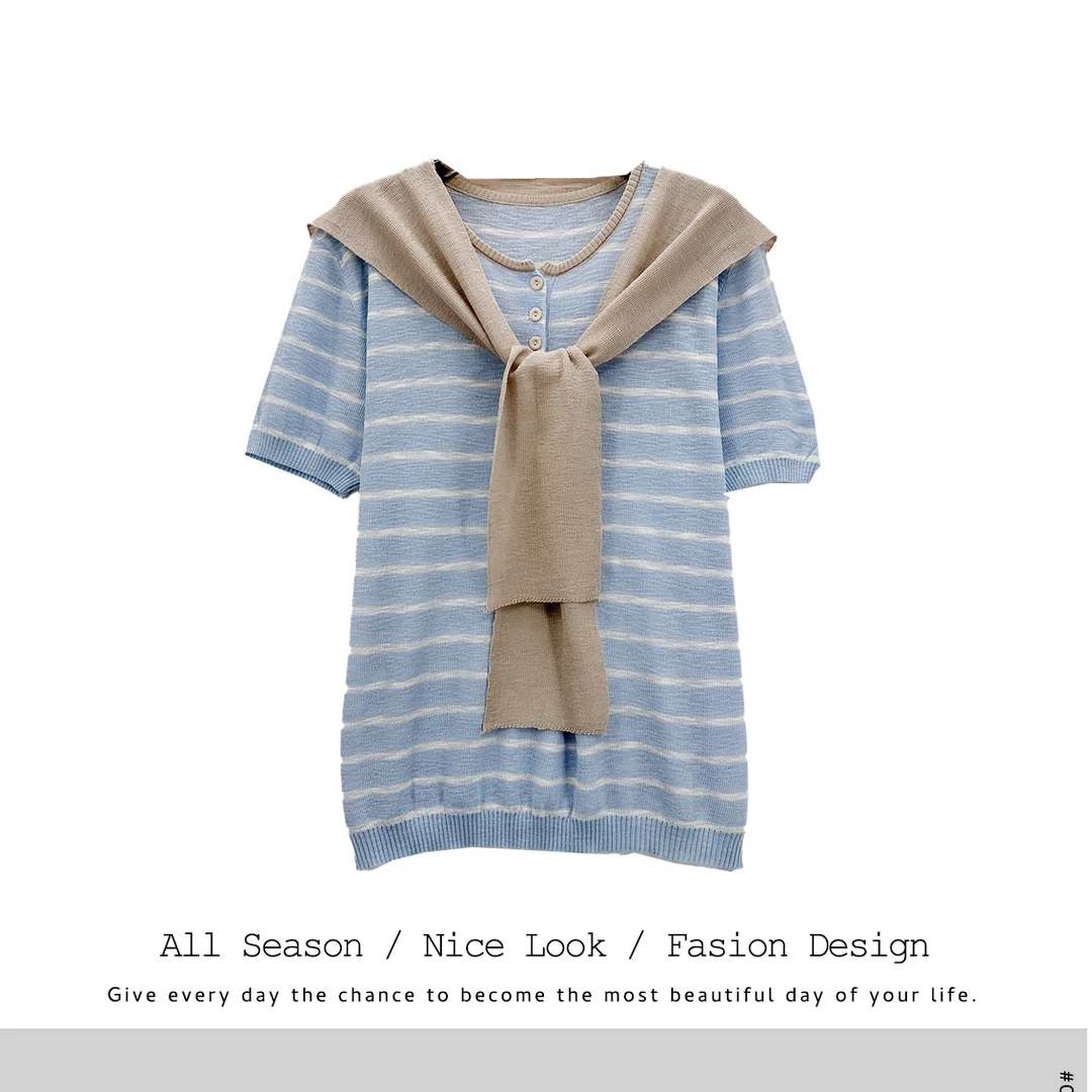 106  新款条纹圆领短袖韩版元气透气披肩上衣#1133