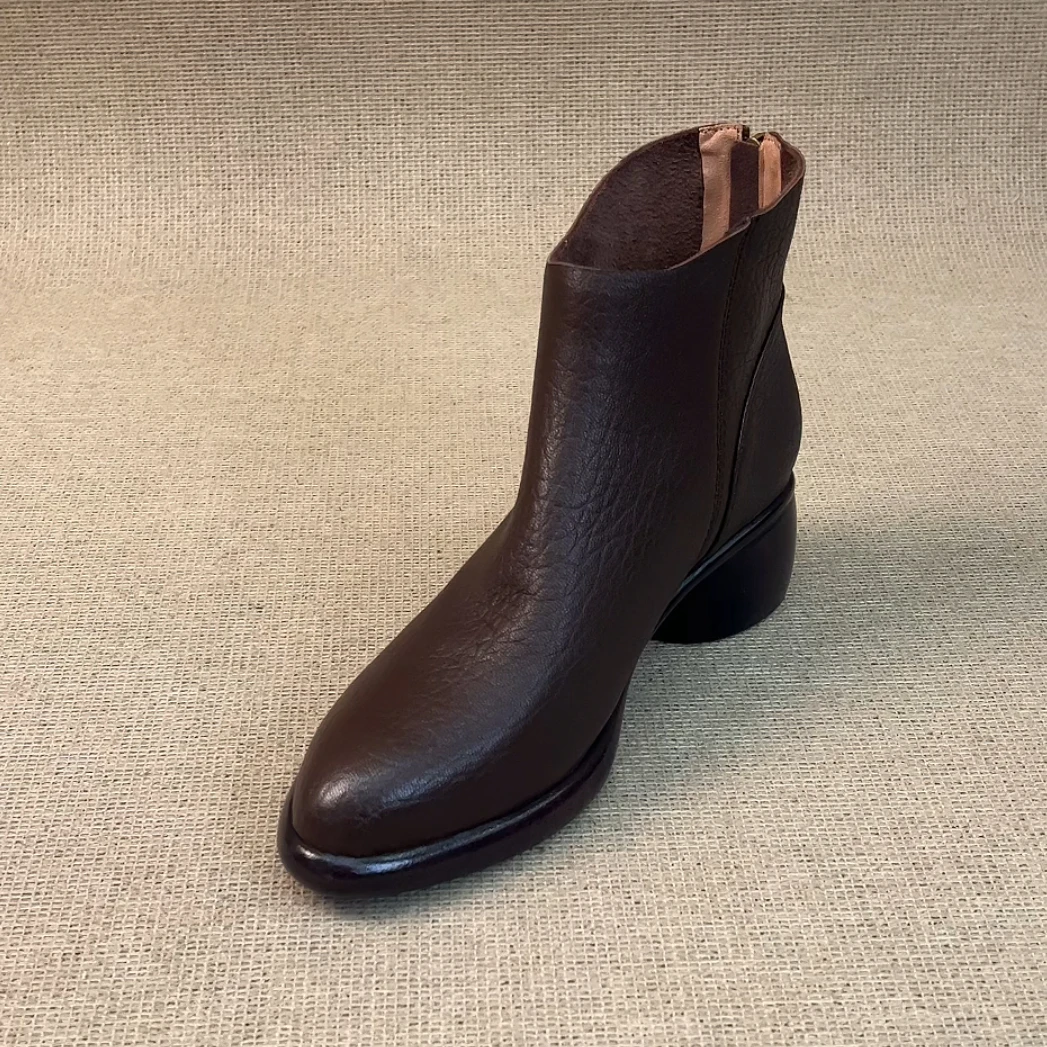 RubyL/5.5cm简约复古风舒适百搭后拉链圆头粗跟短筒时装靴女款