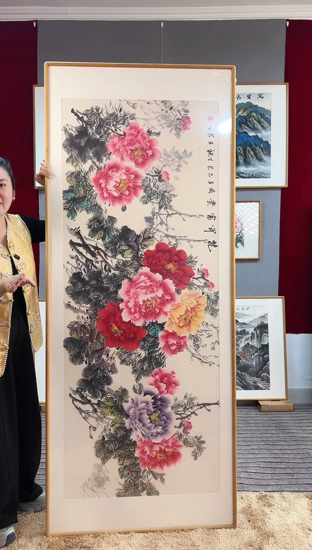 国画手绘牡丹202*82尺寸