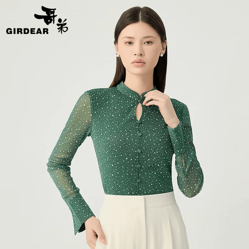 GIRDEAR/哥弟春季新款气质百搭显瘦弹力修身网纱长袖衬衣1301057