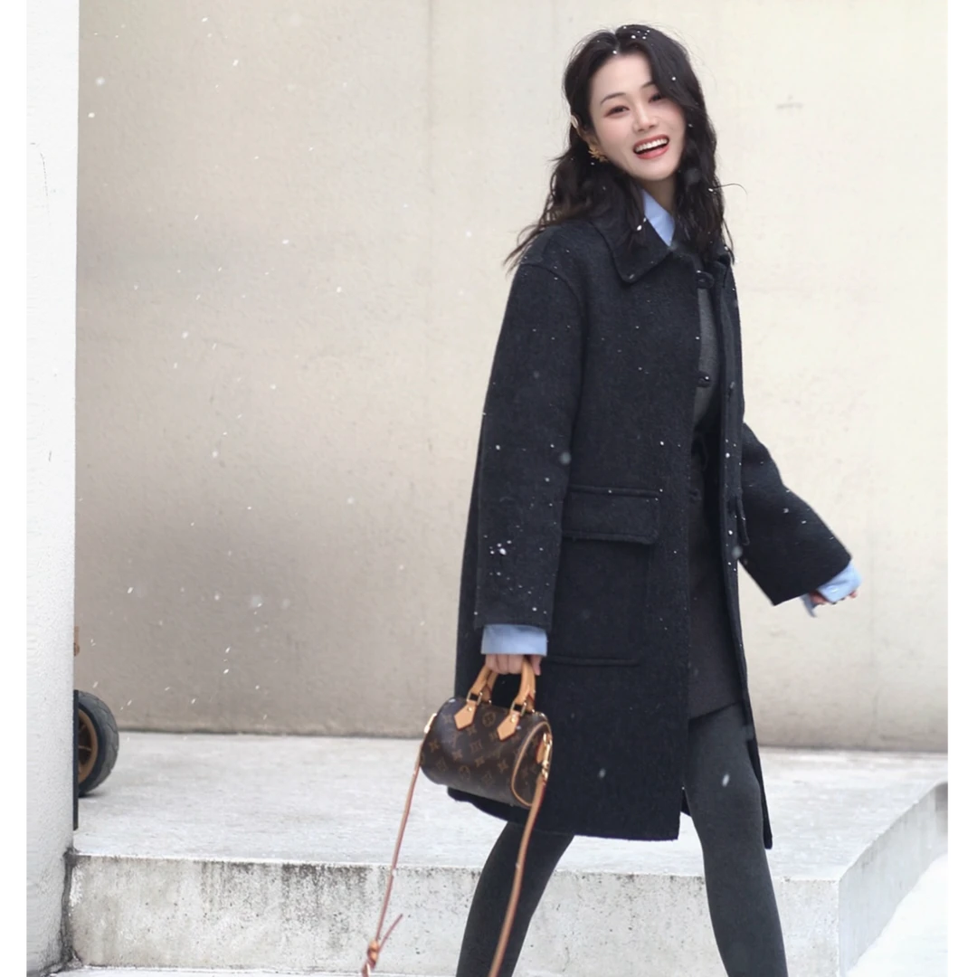 新款小个子中长款时尚娃娃领显高双面羊毛大衣19115