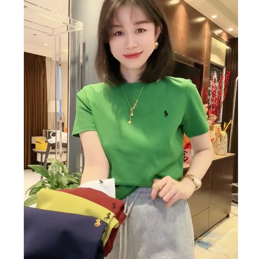 欧货刺绣小马正肩短袖T恤衫2025春夏季新款时尚简约休闲百搭上衣