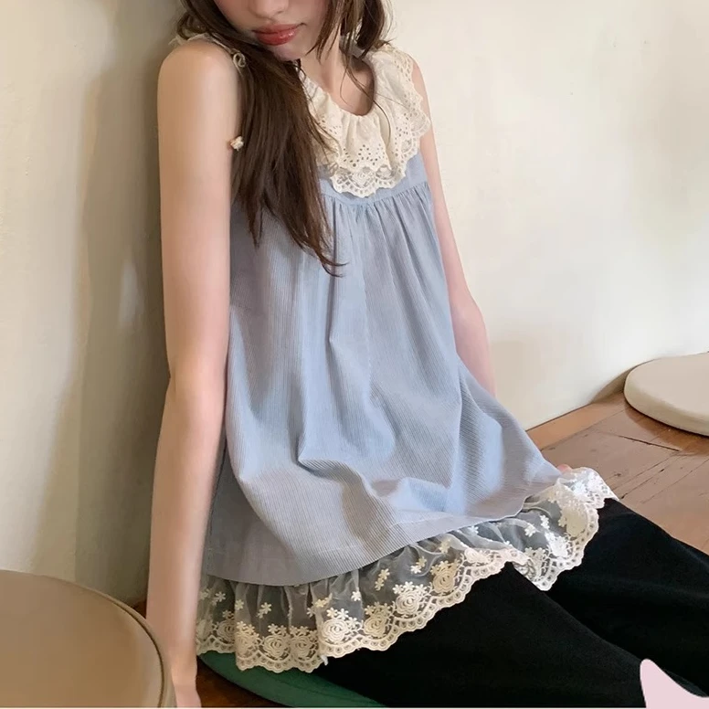 甜美温柔风双层花边领蕾丝背心女小众宽松无袖吊带上衣夏天外穿