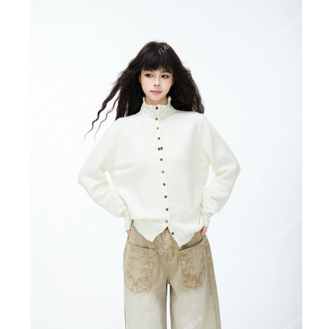 【FLARE SOIL】菱格拼接高领多色纽扣开衫菱格手袖针织 T40287A