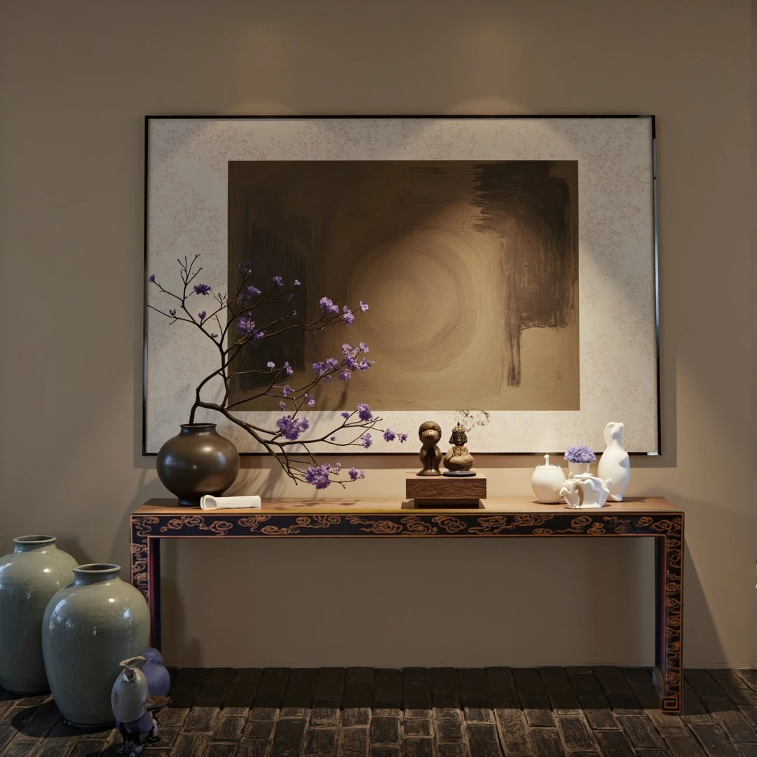 【本尼家】TS40新中式长条茶几餐桌凳彩绘山水画茶桌195*60*70cm