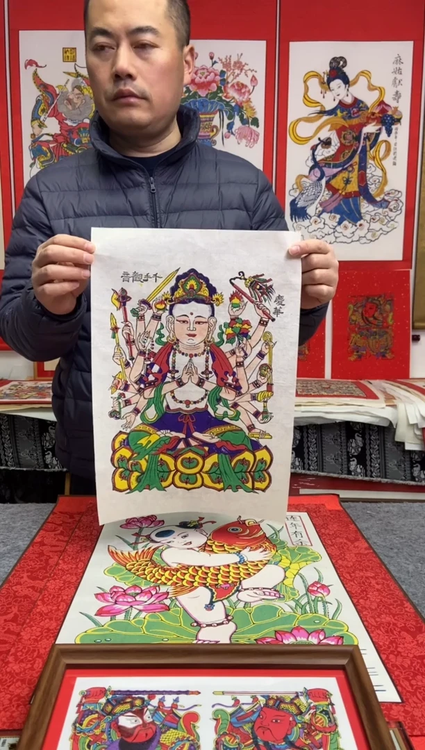 千手观音精裱装柚木框手工制作精品