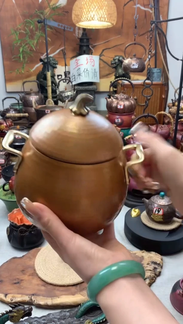 龙蛋包浆色双耳紫铜锅