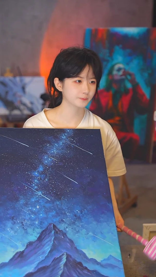 油画至*极光雪山丙烯画纯手绘
