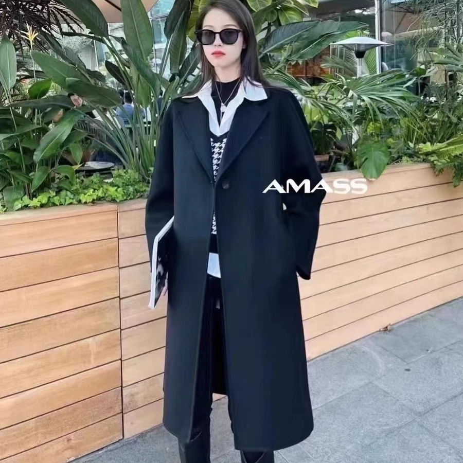 阿玛施AMASS经典品质简约翻领双面呢大衣纯色百搭风衣女5400515