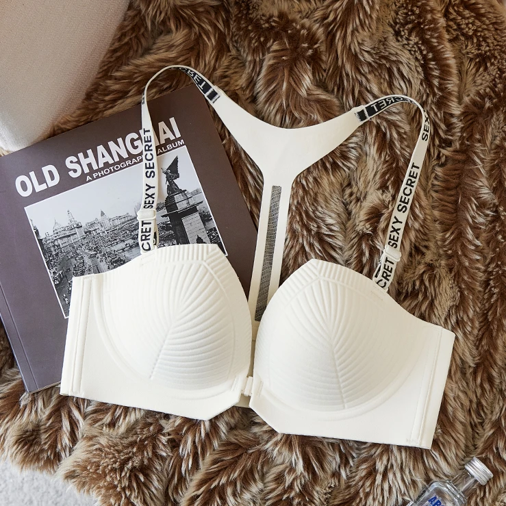 时尚字母肩带T型美背前扣内衣女士小胸聚拢收副乳防下垂性感文胸