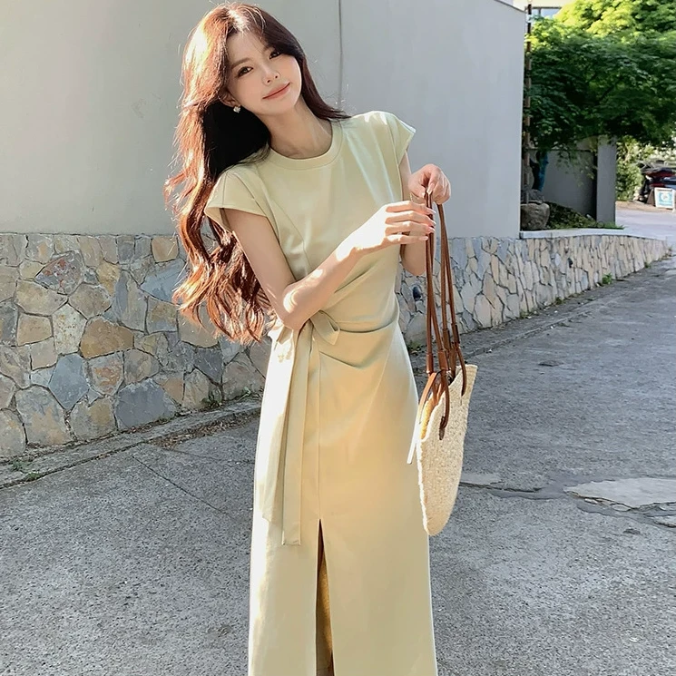 佐佐家小个子蝴蝶结系带气质修身收腰连衣裙夏季女显瘦开叉长裙子