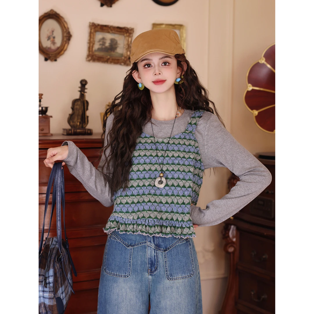 陈大器【秋日苔原】港风复古针织T恤+吊带马甲上衣两件套JW1023280