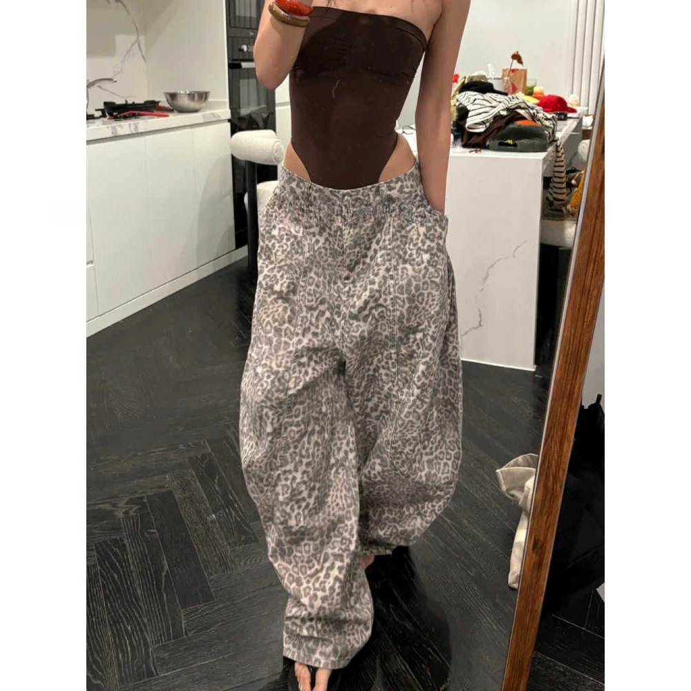 美式复古宽松bf慵懒风豹纹牛仔裤子女辣妹设计感时髦做旧拖地长裤