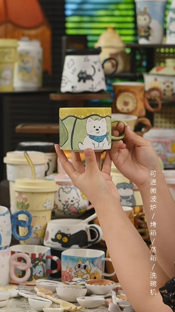 杯子景德镇高温釉下彩纯手绘创意瓷  大圆口绿色西高地杯