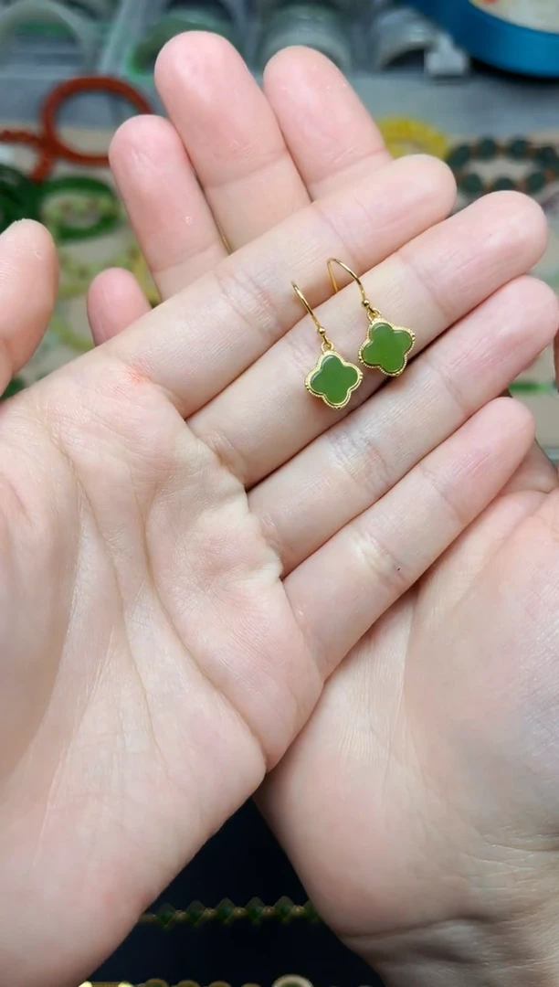 和田玉银S925镶嵌耳饰四叶草耳钩06