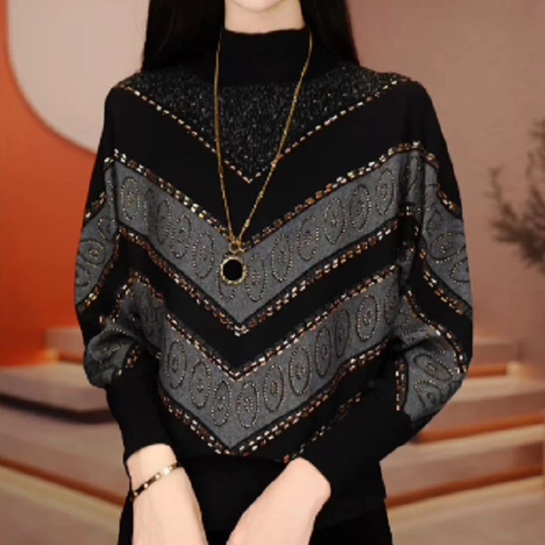 烫钻德绒仿羊毛秋冬款嘉速带网红百搭洋气气质套头法式打底衫1210