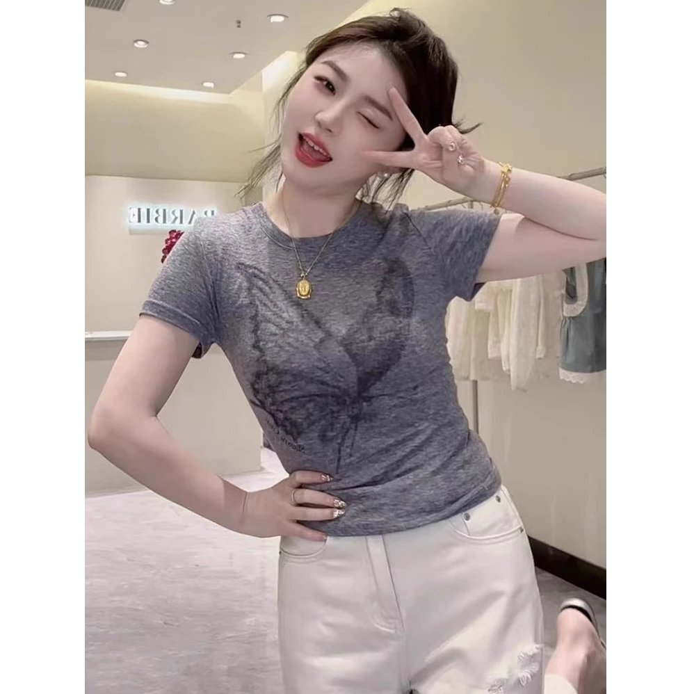 欧货蝴蝶印花灰色正肩短袖t恤女2025新款夏季独特别致短款上衣女