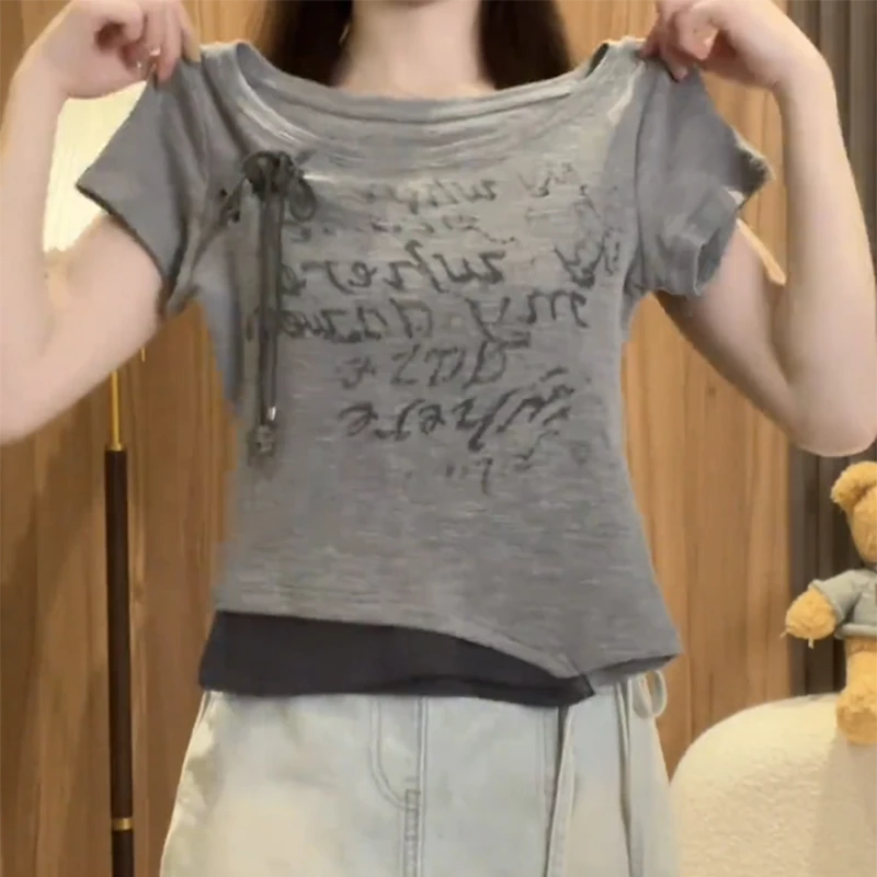 美式设计感复古辣妹T恤女2025年夏季新款假两件字母印花短袖上衣