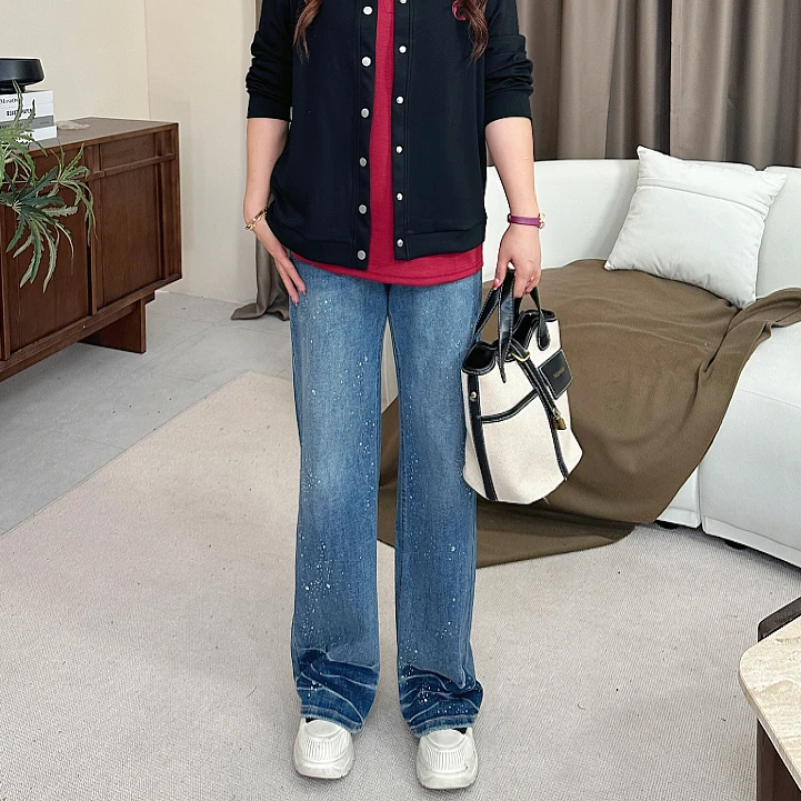 【上新牛仔裤】PMM82116早秋新款高腰烫钻显瘦大码女装直筒牛仔裤
