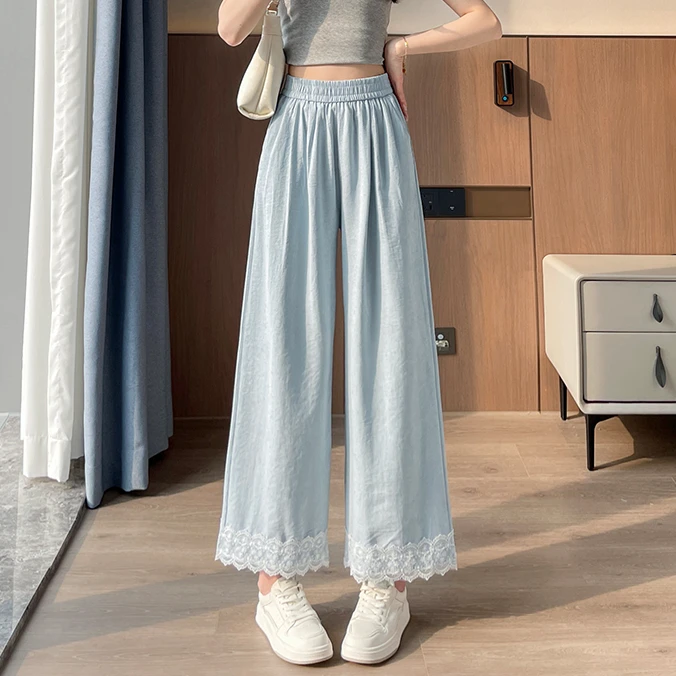 小个子森系蕾丝花边拼接裤子女夏新款直筒宽松垂感休闲九分阔腿裤