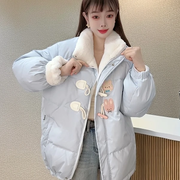 奶蓝色韩系牛角扣冬季毛绒拼接立领宽松棉服外套女装两面穿保暖衣