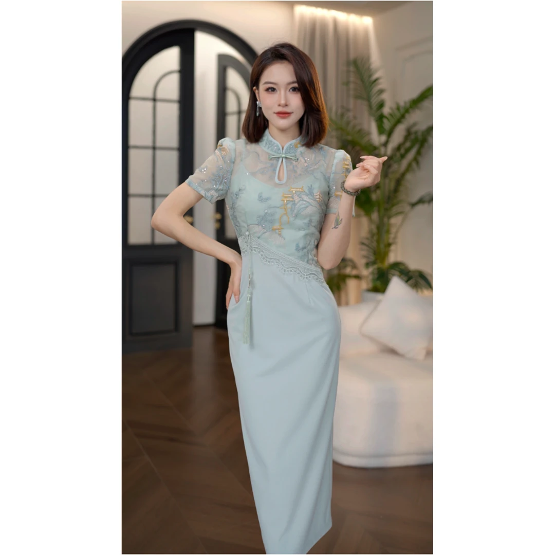 夏季新款【望月亭】新中式气质刺绣亮片蕾丝复古儒雅修身旗袍连衣裙