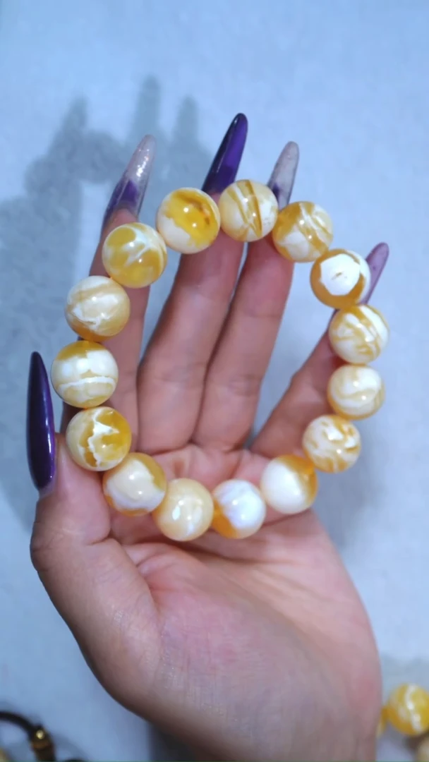 手链蜜蜡未镶嵌典藏级14.8mm金漆瓷白溶洞妖孽