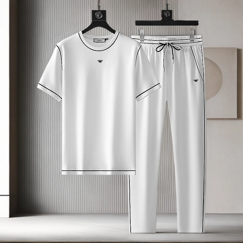 劳玛杜伽短袖冰丝薄款休闲运动套装男士男款时尚撞色T恤两件套