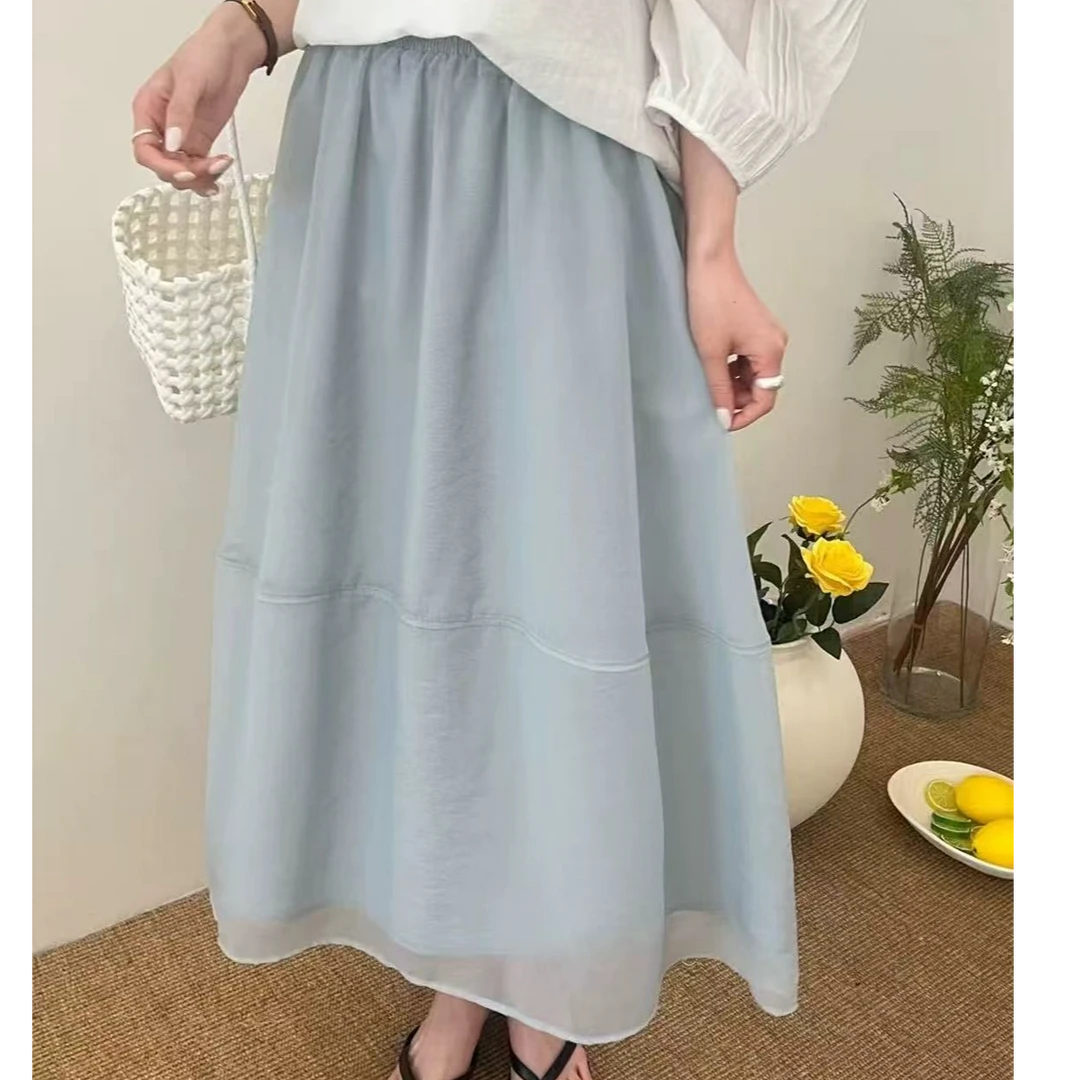 超仙高腰显瘦飘纱半身裙拼接设计感温柔风夏季新品松紧腰A字裙