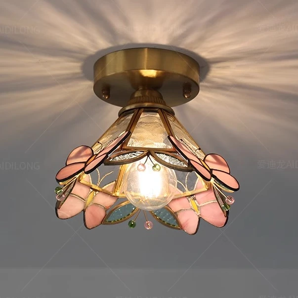 法式复古黄铜过道灯走廊玄关家用彩色玻璃粉红色蝴蝶吸顶灯创意