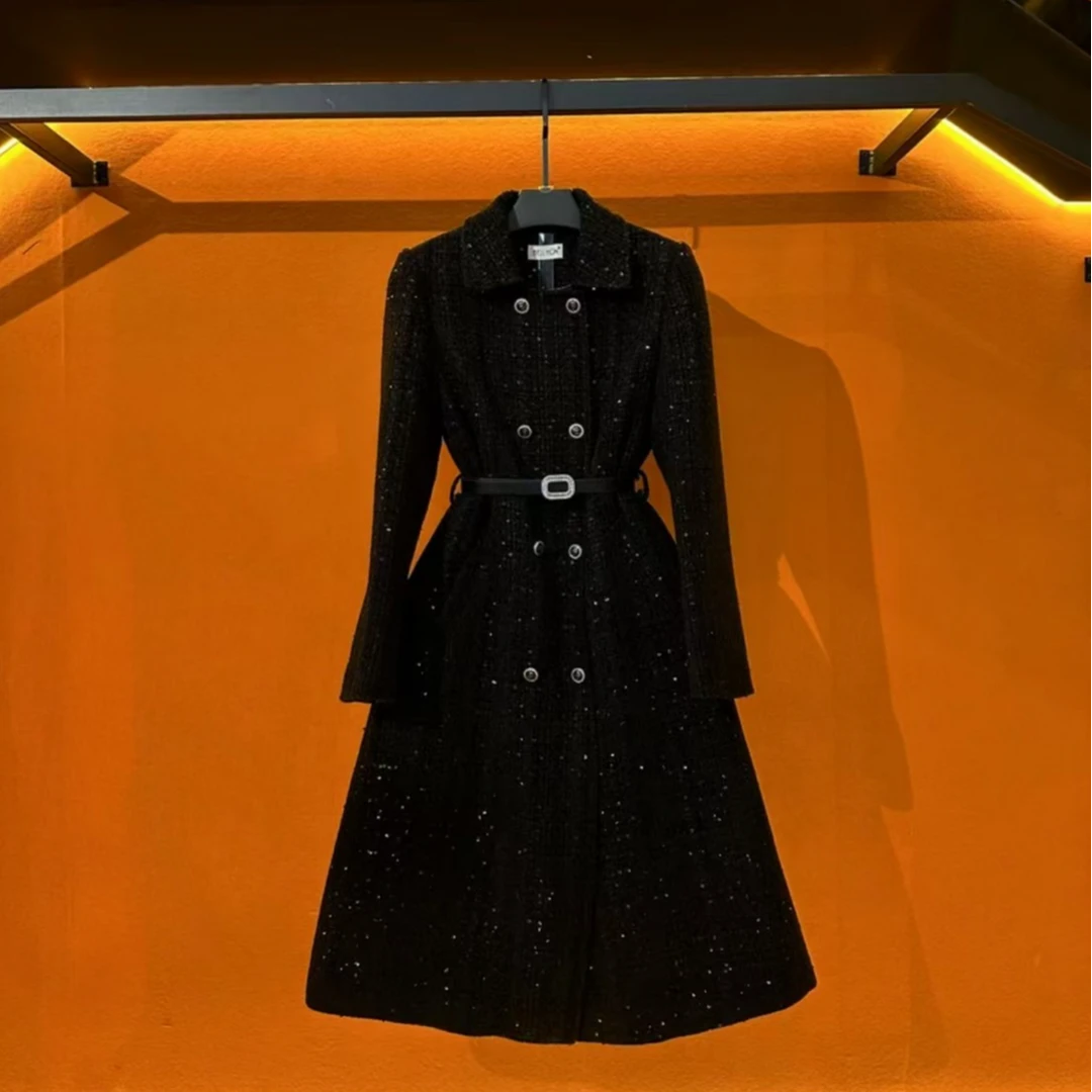 梦想服饰2024秋冬季高奢黑色大气个性时尚遮肉外套套装5056