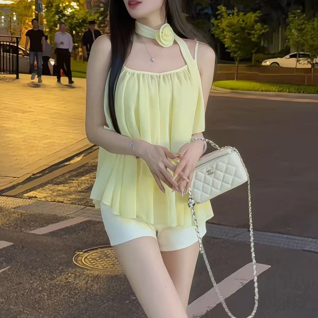 夏季温柔风荷叶边不规则吊带背心立体花朵飘带褶皱上衣搭包臀短裤