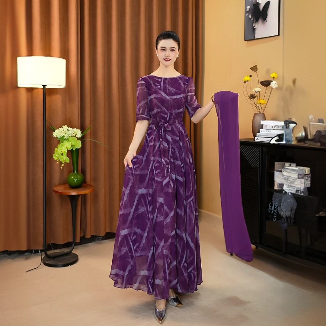 2025夏新款五分袖连衣裙修身显瘦气质大摆简约时尚款紫色X690-14A