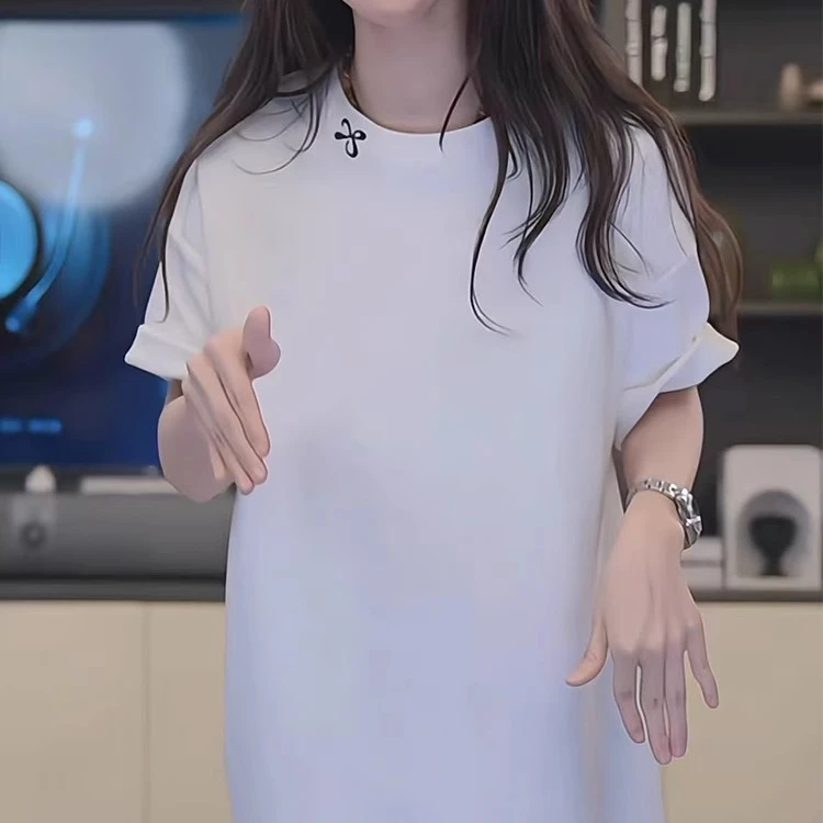 圆领纯棉短袖t恤女2025夏季新款韩版简约白色中长款宽松大码上衣
