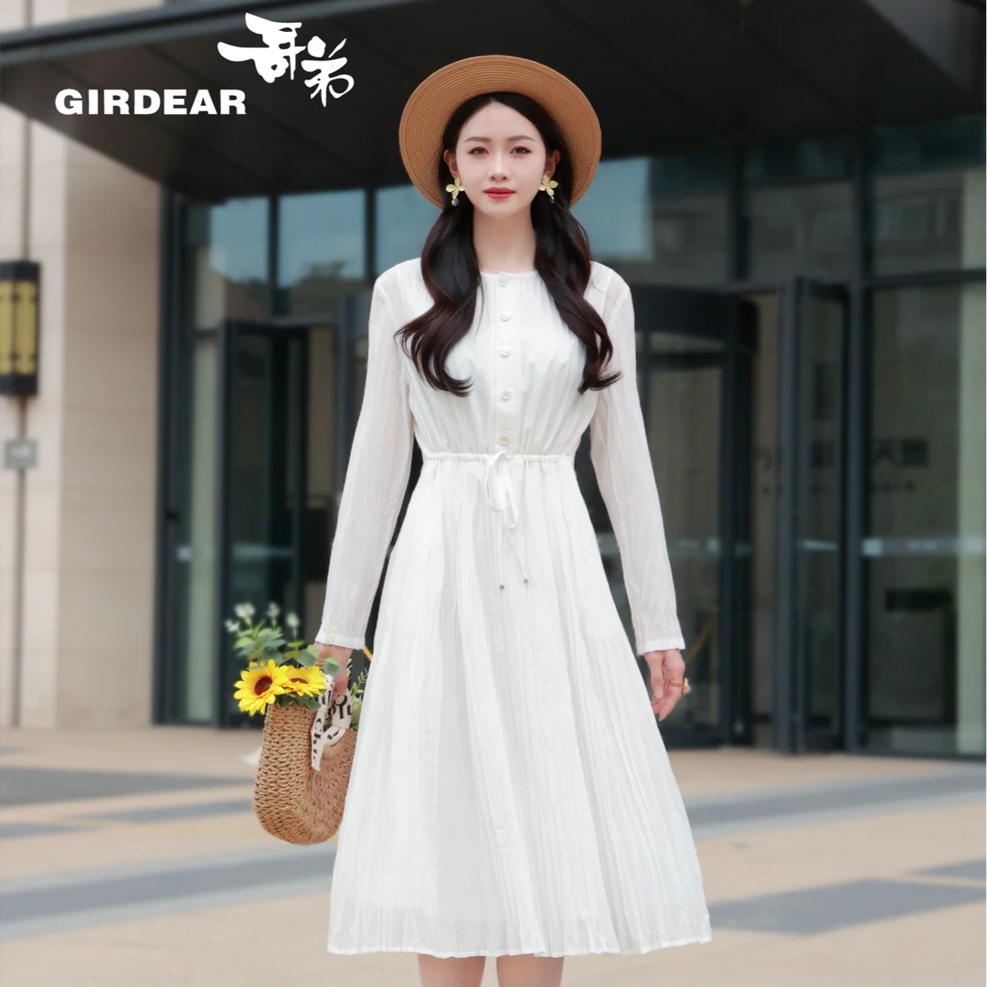 GIRDEAR/哥弟压褶洋装连衣裙1500500白色夏季裙子长袖盛夏长款