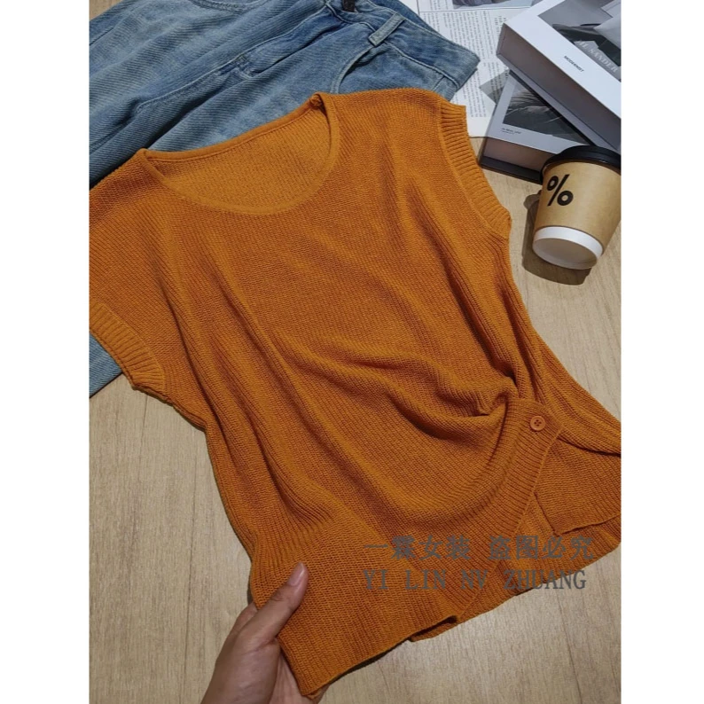 一霖女装2025新款短袖女款爆款时尚薄款开叉设计感针织衫OZZ875