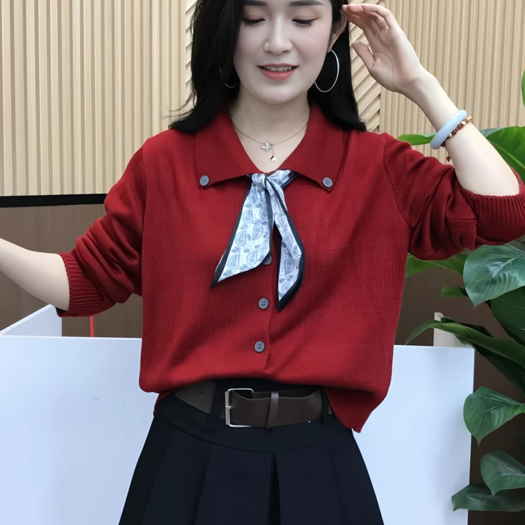 法芬图软糯丝巾长袖毛衣开衫女秋季2025新款宽松慵懒风气质减龄针