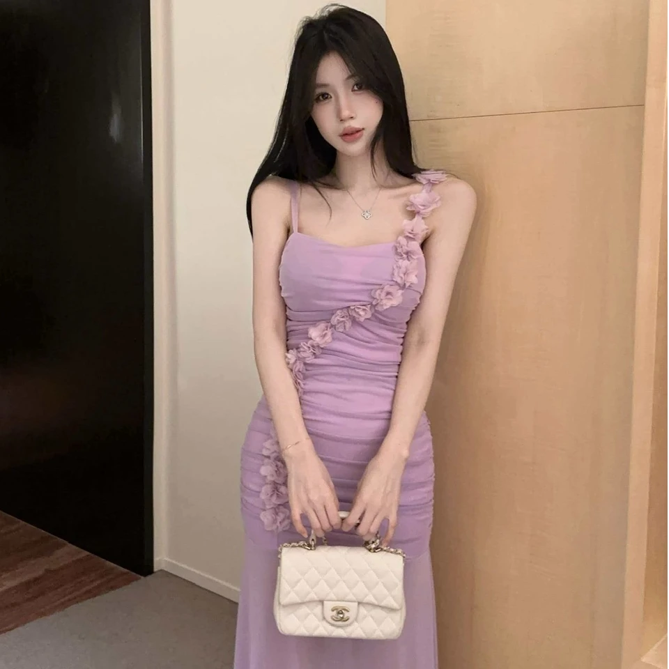 温柔风甜美性感网纱吊带连衣裙带胸垫纯欲高腰修身褶皱显瘦中长裙