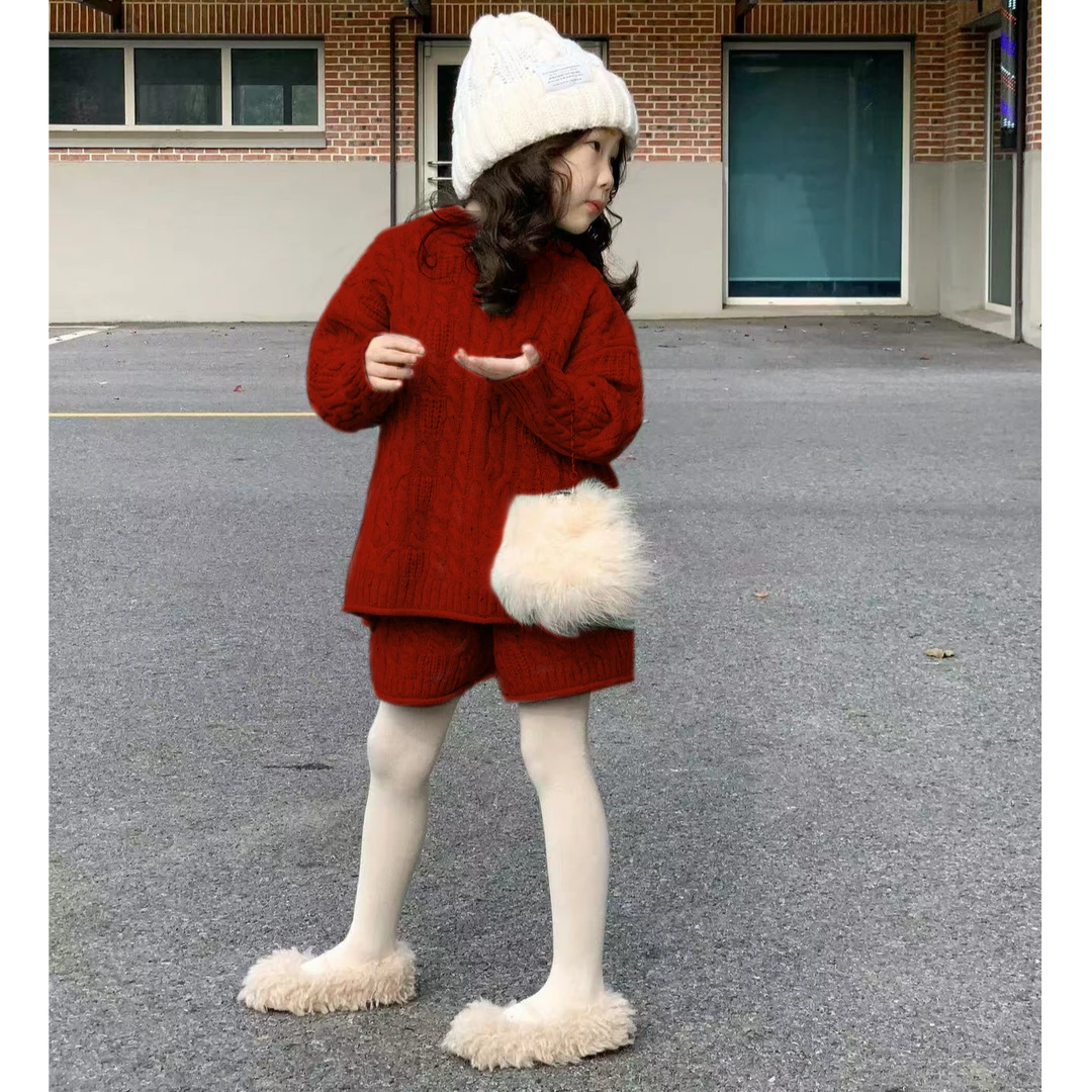 现货壹妈女童过年衣服春秋儿童洋气红色麻花连帽毛衣女宝宝针织衫