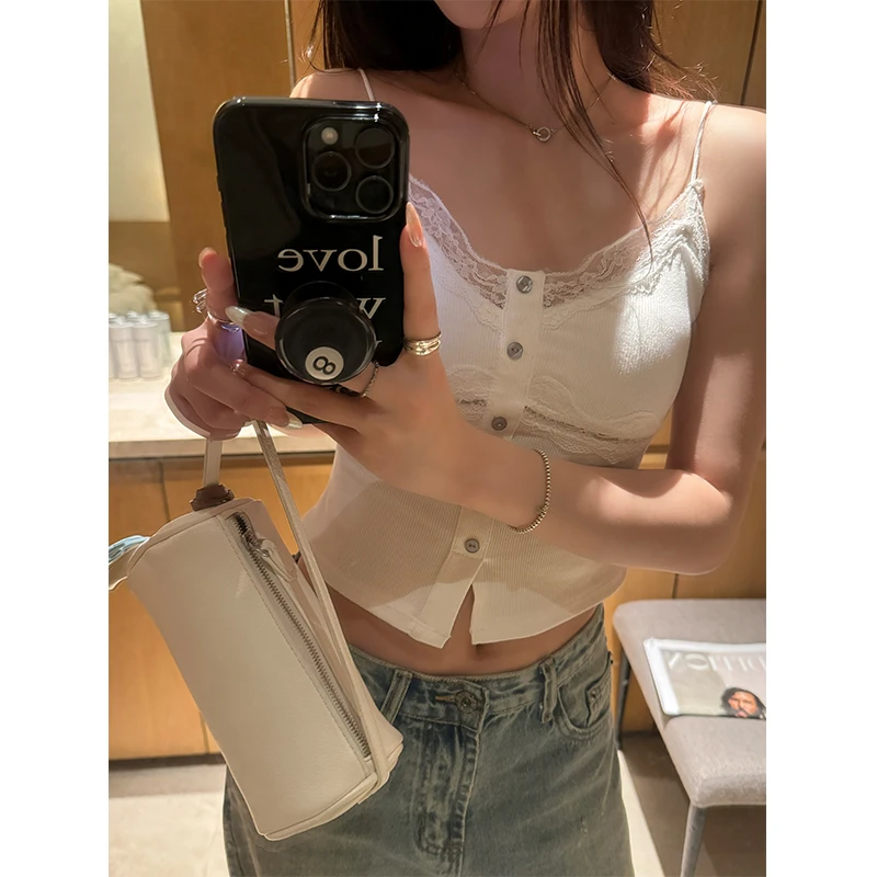 野哥不野 v领百搭修身吊带背心女春季拼接蕾丝短款内搭上衣